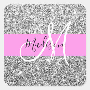 Glam Roze & Silver Glitter Sparkles Monogram Vierkante Sticker