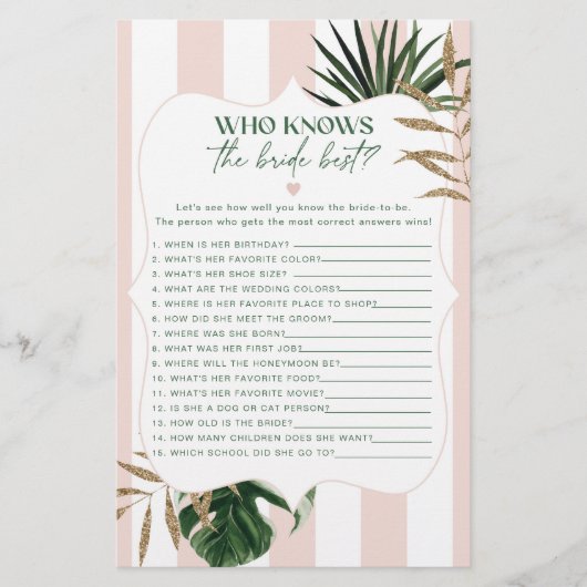 Glam roze strepen Wie weet de bruid beste spel (Voorkant)