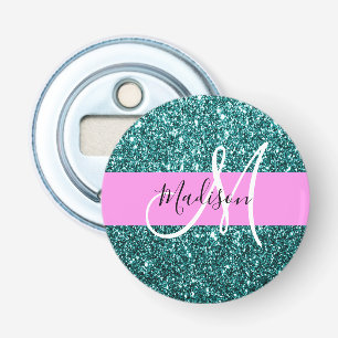 Glam Roze Teal Groen Glitters Schitterende Naam Mo Button Flesopener