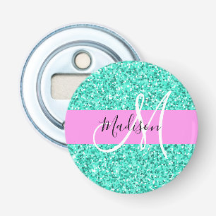 Glam Roze Turquoise Glitters Glans Monogram Naam Button Flesopener