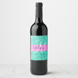 Glam Roze Turquoise Glitters Glans Monogram Naam Wijn Etiket