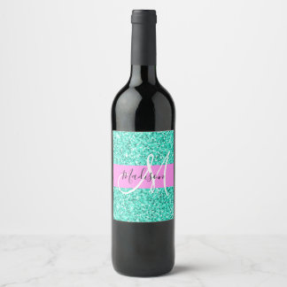 Glam Roze Turquoise Glitters Glans Monogram Naam Wijn Etiket