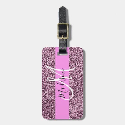 Glam Roze & Violet Glitter Sparkles Monogram Bagagelabel (Voorkant verticaal)