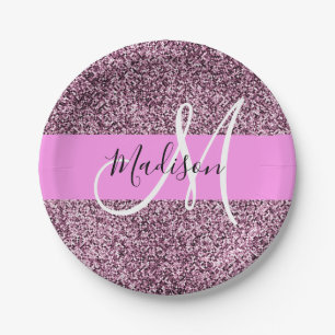 Glam Roze & Violet Glitter Sparkles Monogram Papieren Bordje