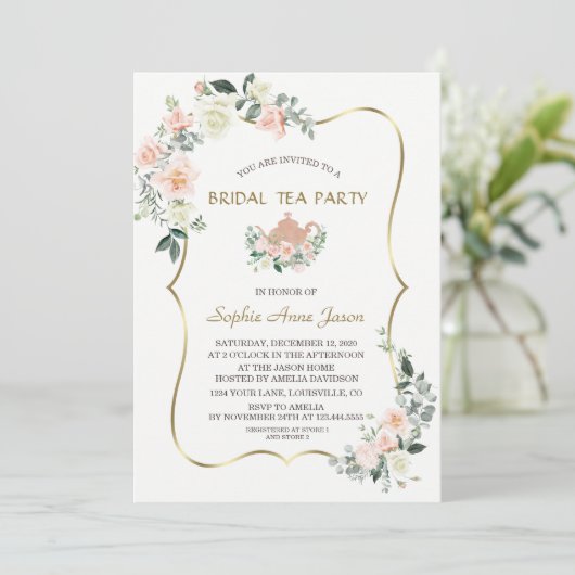 Glam Roze Witte Bloemstuk Gouden Lijst Bruiloft Th Kaart (Staand voorkant)