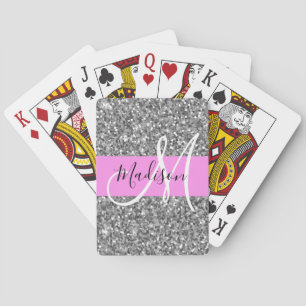 Glam roze & zilver glitter vonken monogram naam pokerkaarten