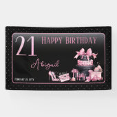 Glam Roze Zwart Mode 21e Verjaardagsfeestje Spandoek (Horizontaal)