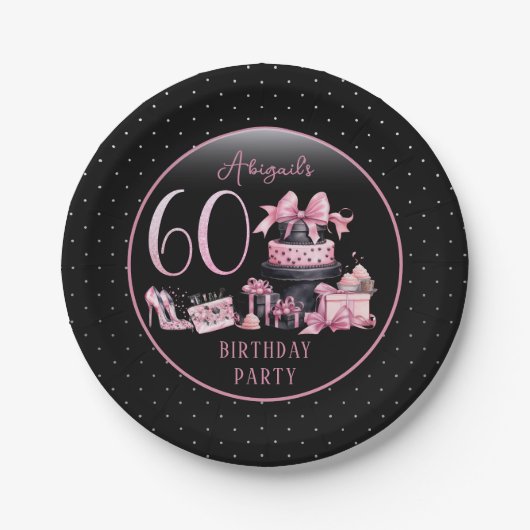 Glam Roze Zwart Mode 60e Verjaardagsfeestje Papieren Bordje (Voorkant)