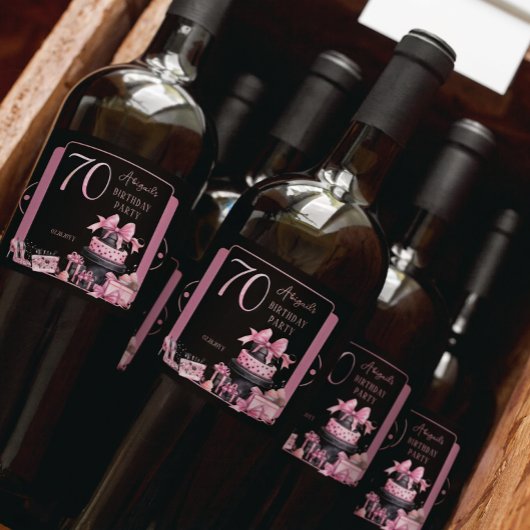 Glam Roze Zwart Mode 70e Verjaardagsfeestje Sparkling Wijnetiket