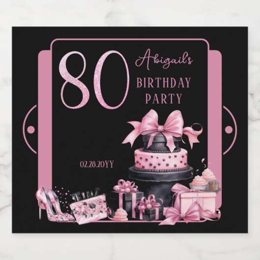 Glam Roze Zwart Mode 80ste Verjaardagsfeestje Sparkling Wijnetiket (Enkel label)