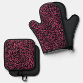 Glam roze zwarte luipaard afdrukken ovenwant & pannenlap set (Voorkant / Achterkant)