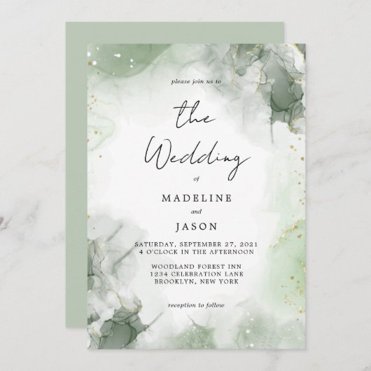 Glam Sage Green Waterverf Gold Fluid Ink Weddensch Kaart (Voorkant / Achterkant)