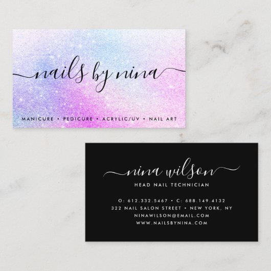 Glam script handtekening holografische roze glitte visitekaartje (Voorkant / Achterkant)