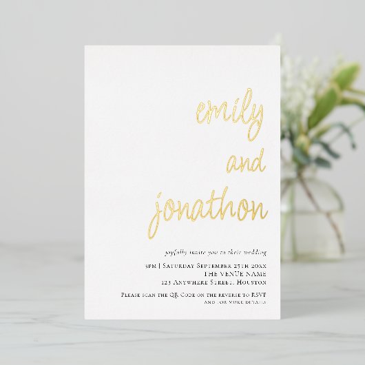 Glam Script Names QR Code Weddenschap Luxe Real Folie Uitnodiging (Staand Voorkant)