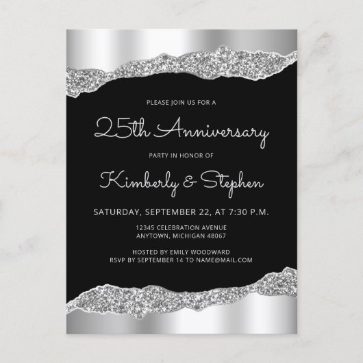 Glam Silver Black 25th Anniversary Invitation (Devant)