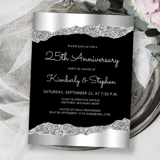 Glam Silver Black 25th Anniversary Invitation