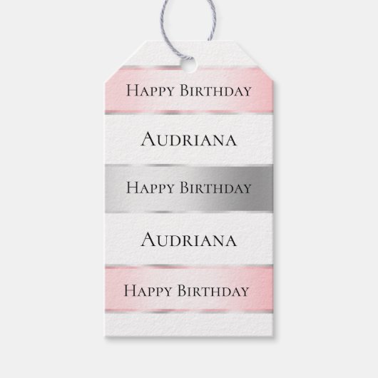 Glam Silver Blush Pink Ribbon Verjaardag Cadeaulabel (Voorkant)