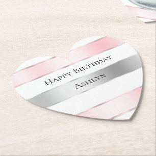 Glam Silver Blush Pink Ribbon Verjaardag Kartonnen Onderzetters