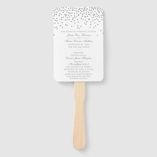 Glam Silver Confetti huwelijksprogramma Handwaaier (Voorkant)
