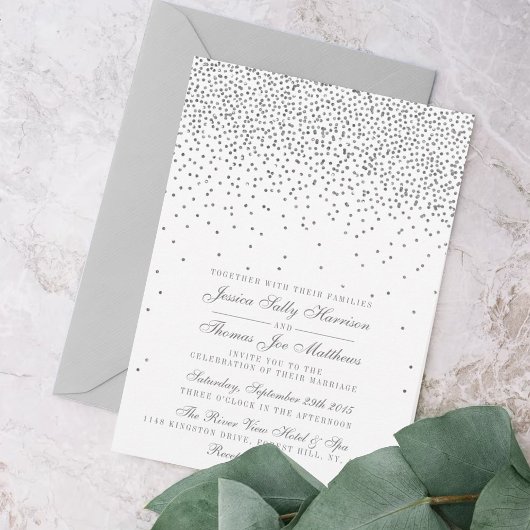 Glam Silver Confetti Wedding Invitations Kaart