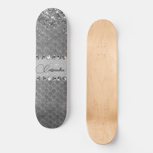 Glam Silver Glitt Diamond Bling Skateboard (Recto)