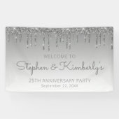 Glam Silver Glitter Drip 25th Jubileum Party Spandoek (Horizontaal)