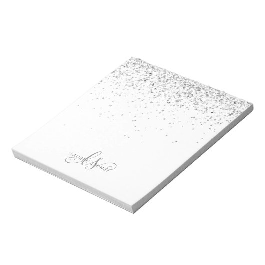 Glam Silver Glitter Monogram Naam Notitieblok (Gedraaid)