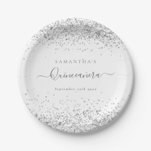 Glam Silver Glitter Naam Datum Quinceañera Papieren Bordje