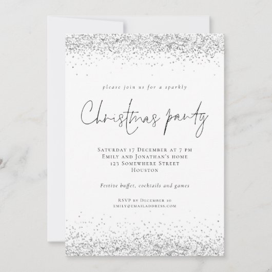Glam Silver Glitter Script Kerstparty Kaart (Voorkant)