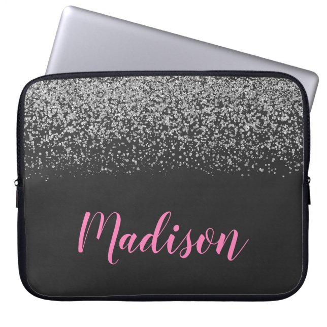 Glam Silver Glitter Sparkles Black & Roze Naam Laptop Sleeve (Voorkant)