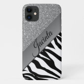 Glam Silver Glitter Zebra Print gepersonaliseerd Case-Mate iPhone Case (Achterkant)