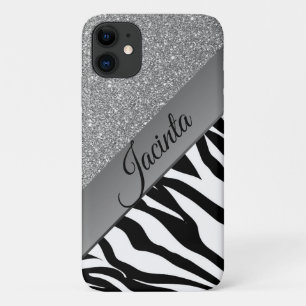 Glam Silver Glitter Zebra Print gepersonaliseerd iPhone 11 Hoesje