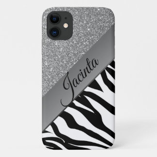 Glam Silver Glitter Zebra Print gepersonaliseerd iPhone 11 Hoesje