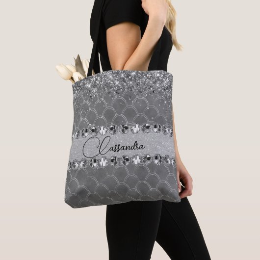 Glam Silver Glittery Diamond Bling Sac fourre-tout (De près)