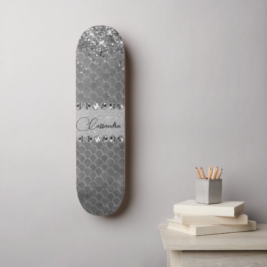 Glam Silver Glittery Diamond Bling Skateboard (Muurkunst)