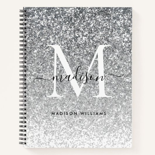 Glam Silver Grey Glitter Sparkle Elegant Monogram Notitieboek (Voorkant)