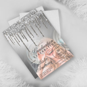 Glam Silver Metallic Glitter Drip Photo Afstuderen Kaart