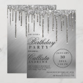 Glam Silver Metallic Glitter Drips Verjaardag Kaart (Voorkant / Achterkant)