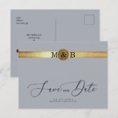 Glam Silver & Metallic Gold Monogram Save the Date Briefkaart (Voorkant / Achterkant)