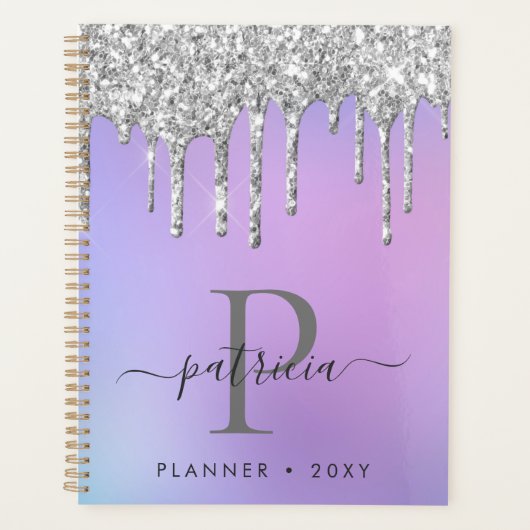 Glam Silver Paillettes Gouttes Élégant Monogramme (Devant)