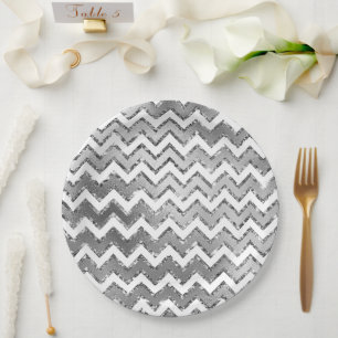 Glam Silver White Zigzag Stripes Papieren Bordje