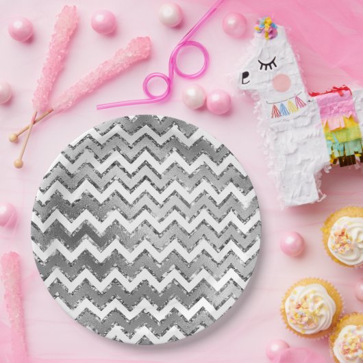 Glam Silver White Zigzag Stripes Papieren Bordje (Feest)