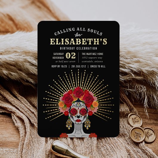 Glam Skeleton Day of the Dead Theme Birthday Party Folie Uitnodiging