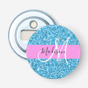 Glam Sky Blue Pink Glitter Sparkles Naam Monogram Button Flesopener