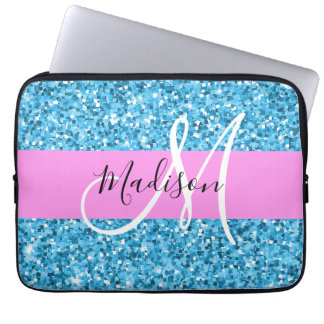 Glam Sky Blue Pink Glitter Sparkles Naam Monogram Laptop Sleeve