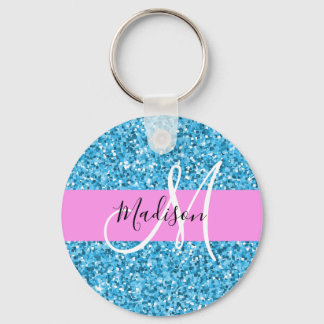 Glam Sky Blue Pink Glitter Sparkles Naam Monogram Sleutelhanger