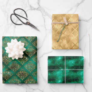 Glam Smerald Goud Damast Waaiers Glans Inpakpapier Vel