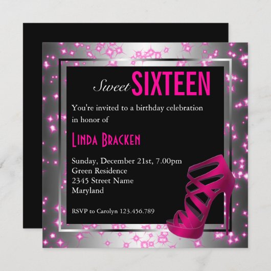 Glam Sparkelroze High Hielzweet Sixteen nodigt uit Kaart (Voorkant / Achterkant)