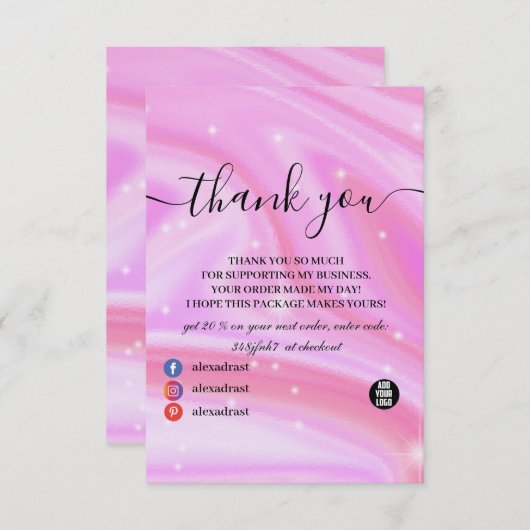 Glam Sparkle Holographic Roze Bedankkaart (Voorkant / Achterkant)