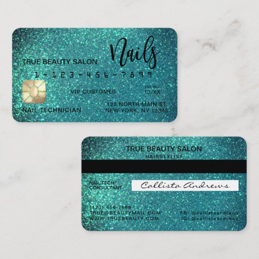 Glam Sparkly Turquoise Parties scintillant Carte d (Devant / Derrière)